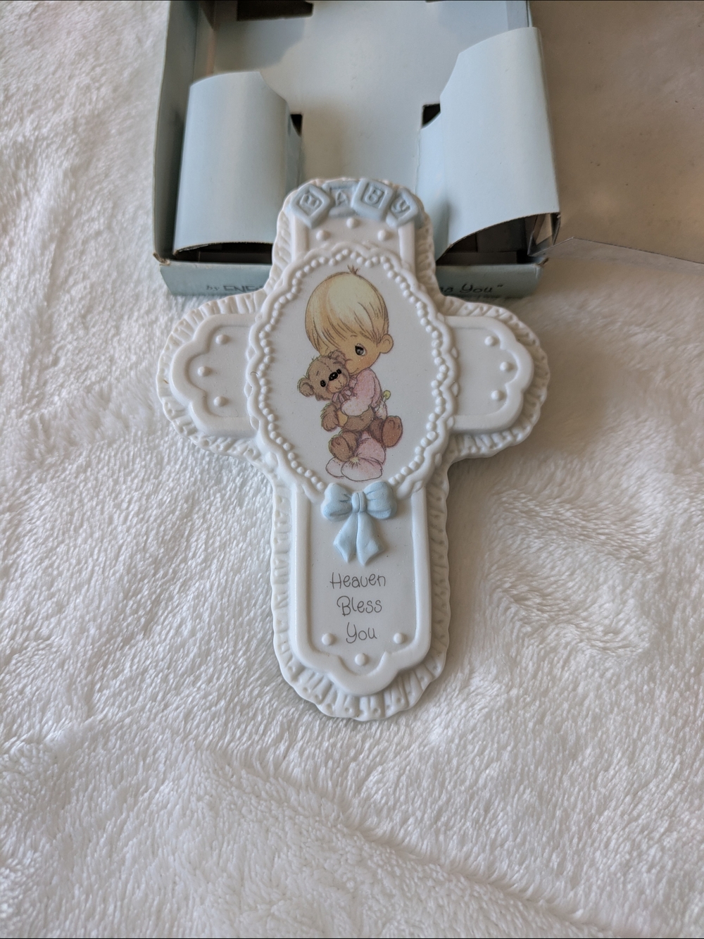 New In Box; Precious Moments White and Baby Blue Ceramic Cross Wall Plaque